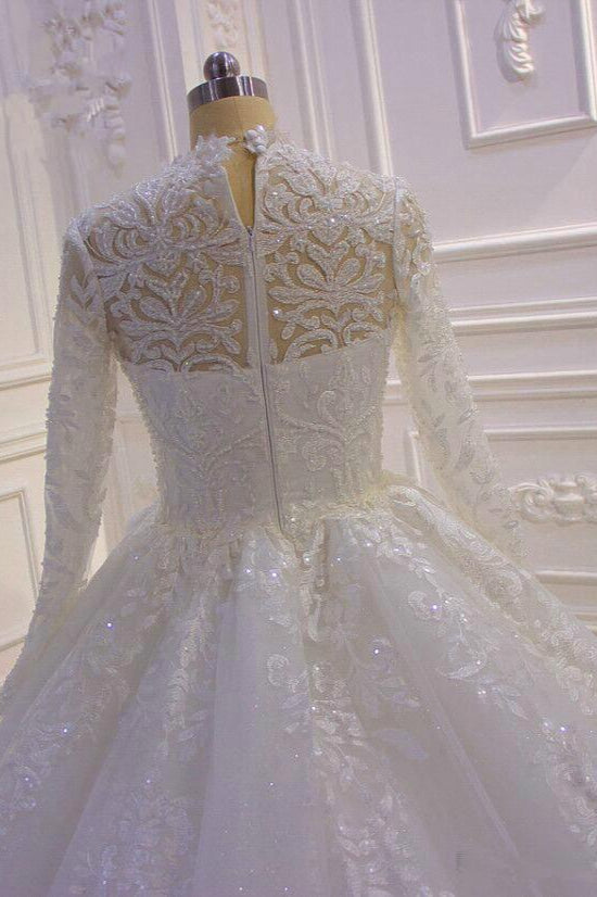 Sparkle Lace Ball Gown High Neck Tull Long Sleevess Wedding Dress-showprettydress