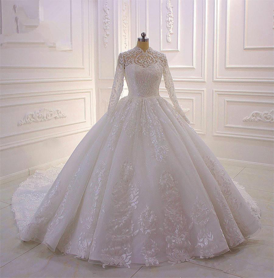 Sparkle Lace Ball Gown High Neck Tull Long Sleevess Wedding Dress-showprettydress