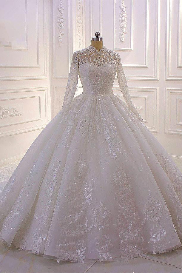 Sparkle Lace Ball Gown High Neck Tull Long Sleevess Wedding Dress-showprettydress