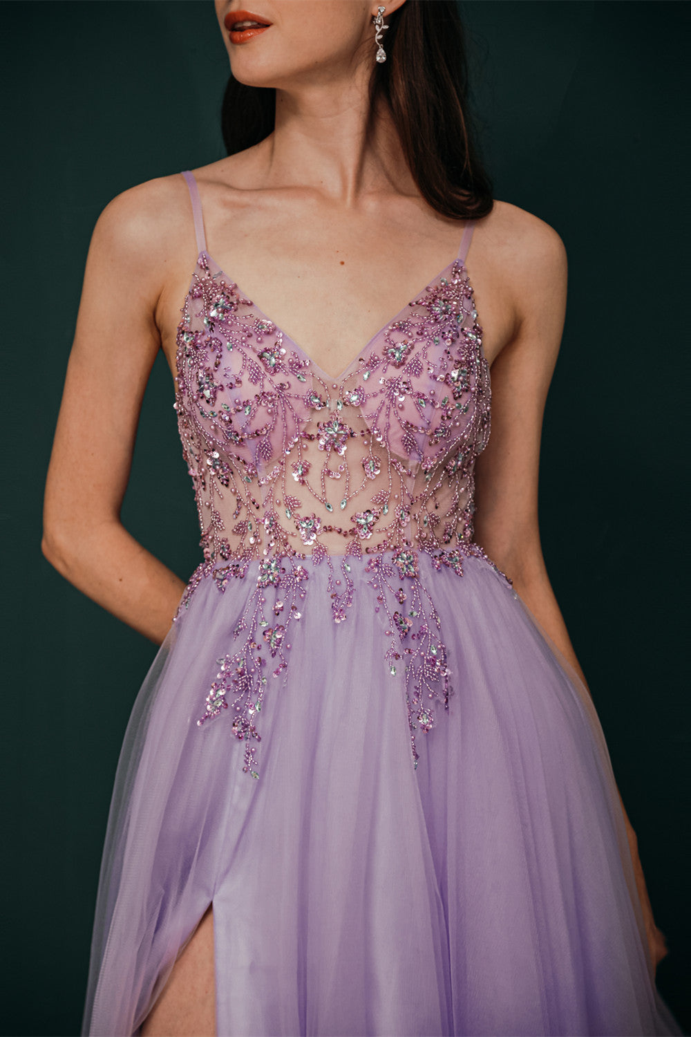 Sparkle Lilac Tulle High-split Spaghetti Strap Prom Dress-showprettydress
