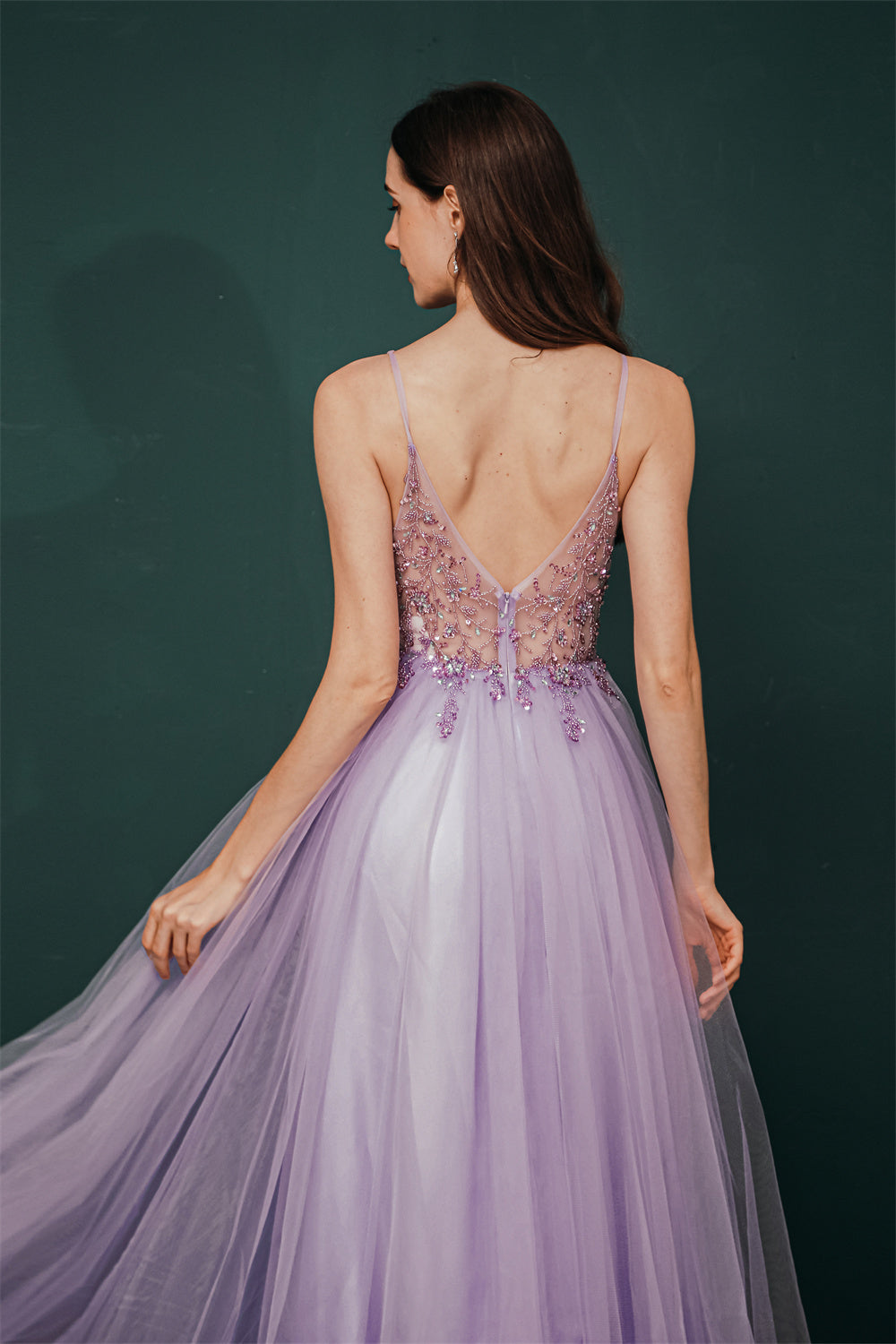 Sparkle Lilac Tulle High-split Spaghetti Strap Prom Dress-showprettydress