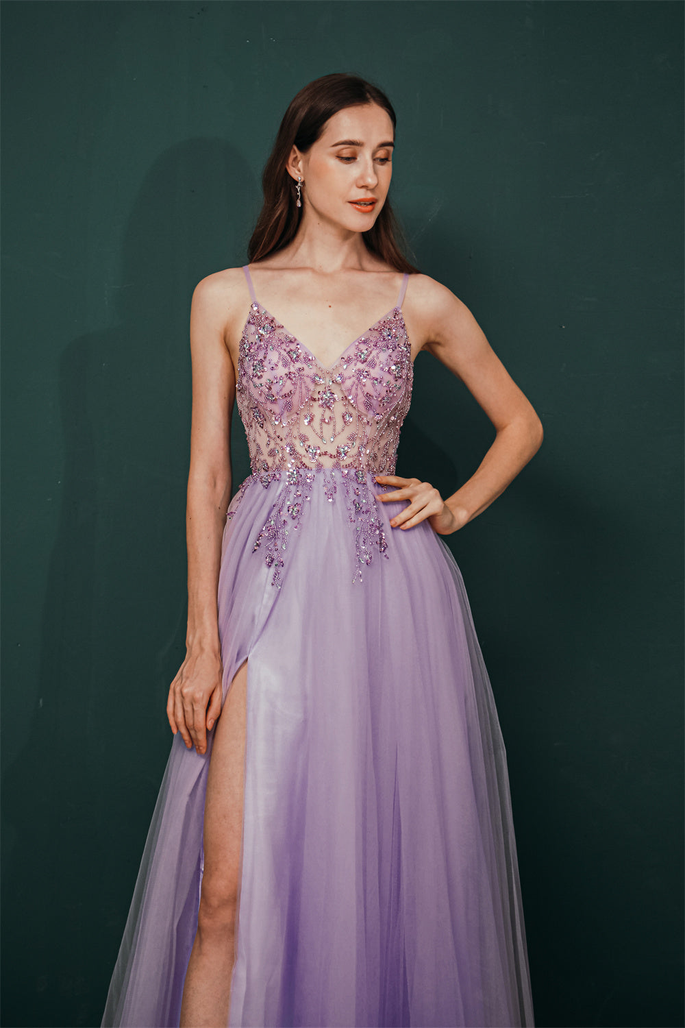 Sparkle Lilac Tulle High-split Spaghetti Strap Prom Dress-showprettydress
