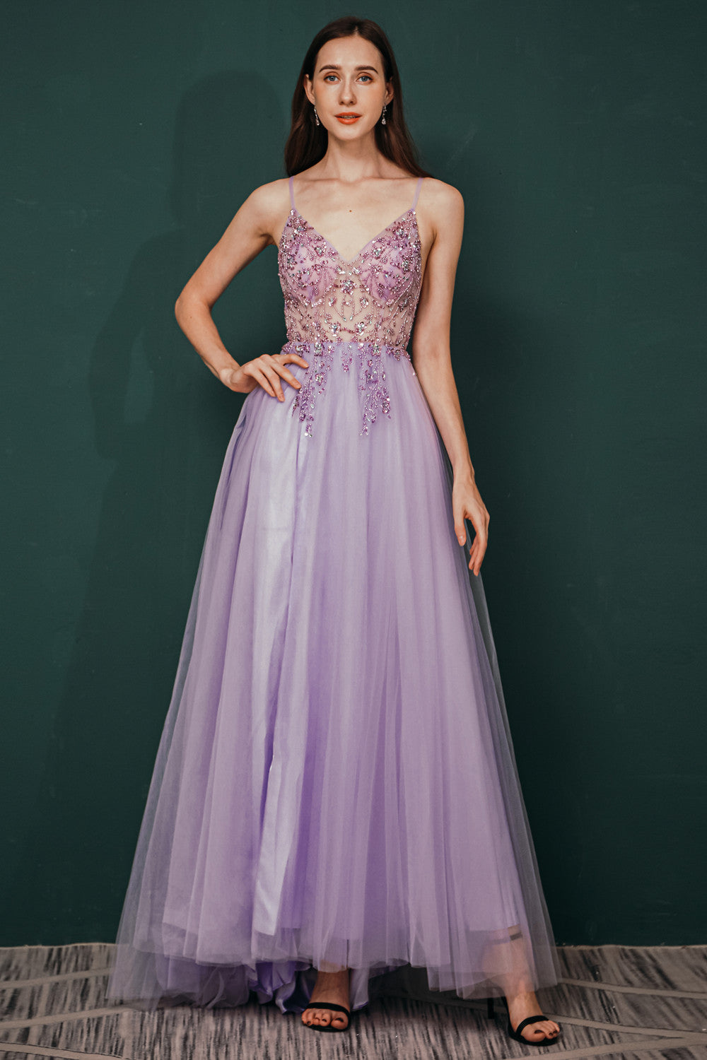 Sparkle Lilac Tulle High-split Spaghetti Strap Prom Dress-showprettydress