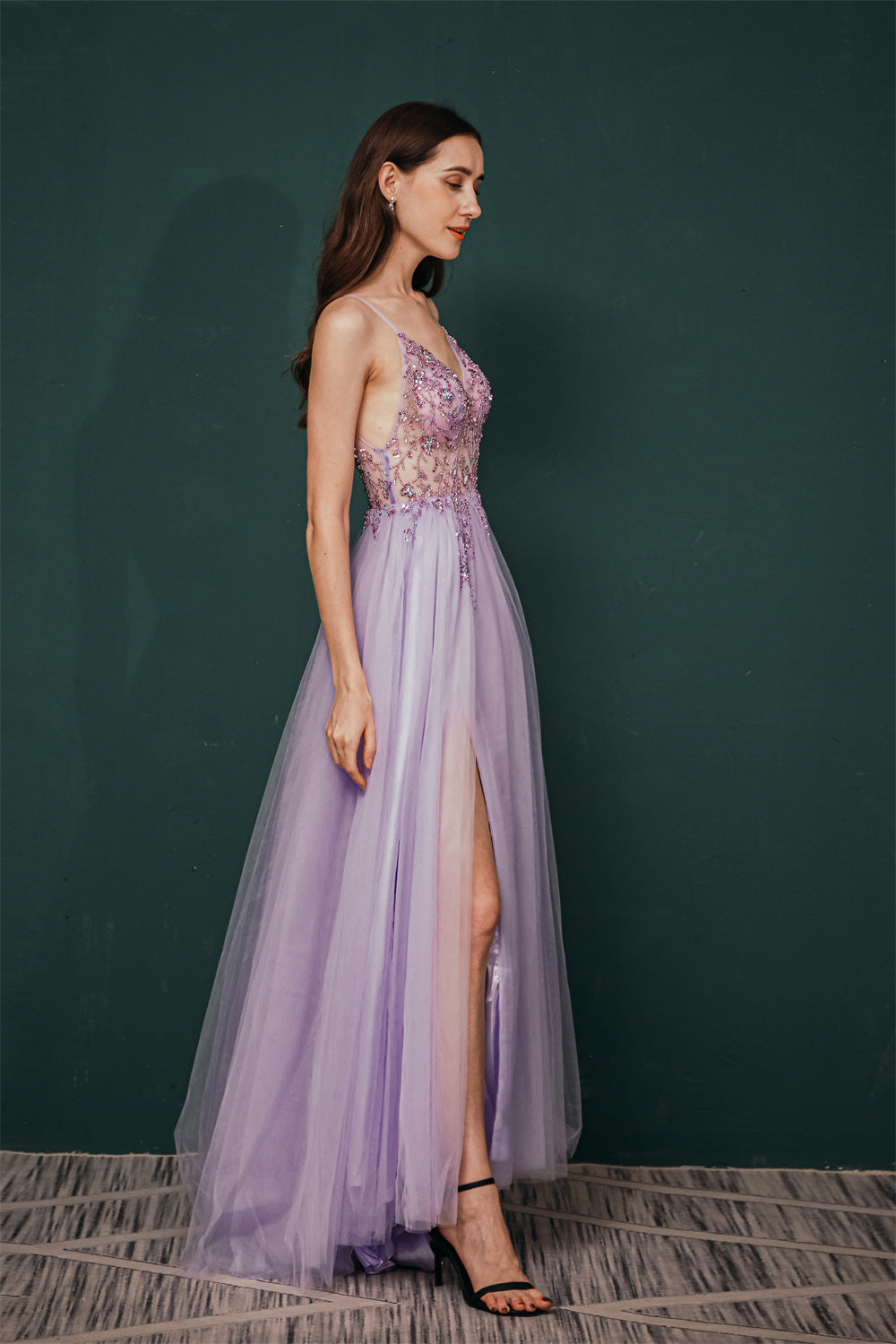 Sparkle Lilac Tulle High-split Spaghetti Strap Prom Dress-showprettydress