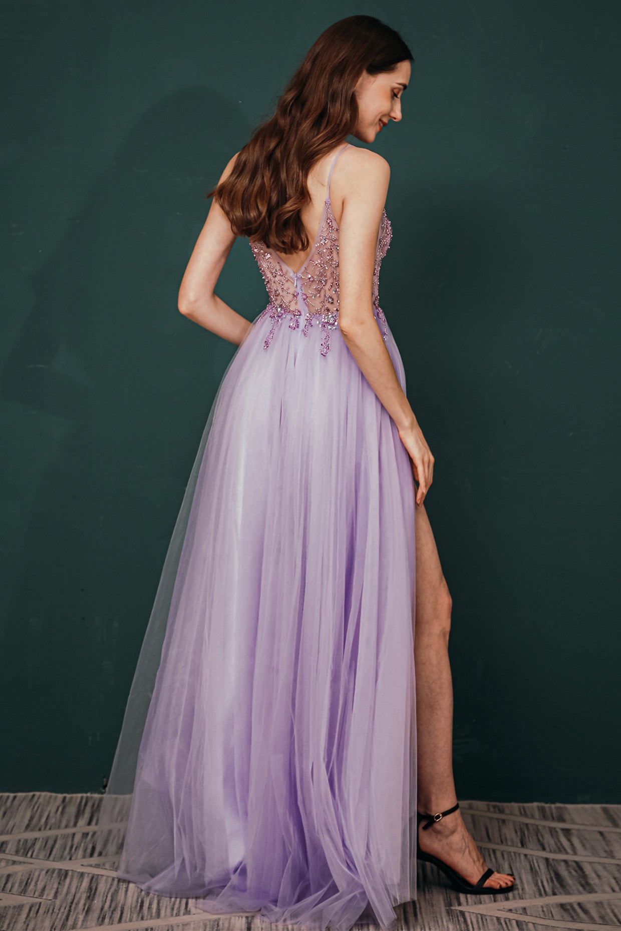 Sparkle Lilac Tulle High-split Spaghetti Strap Prom Dress-showprettydress