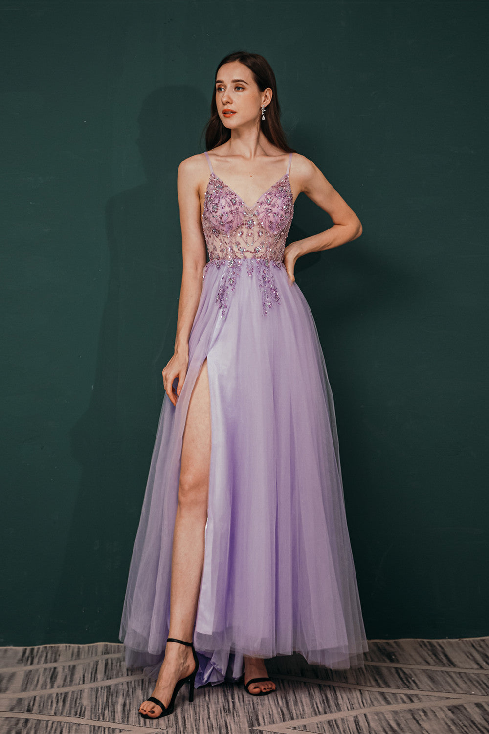 Sparkle Lilac Tulle High-split Spaghetti Strap Prom Dress-showprettydress