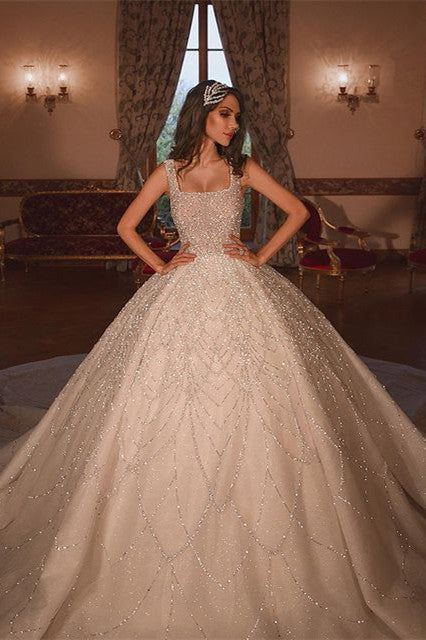 wedding dress dry cleaning Sparkle Luxurious Ball Gown Square Neck Tulle Long Train Wedding Dress