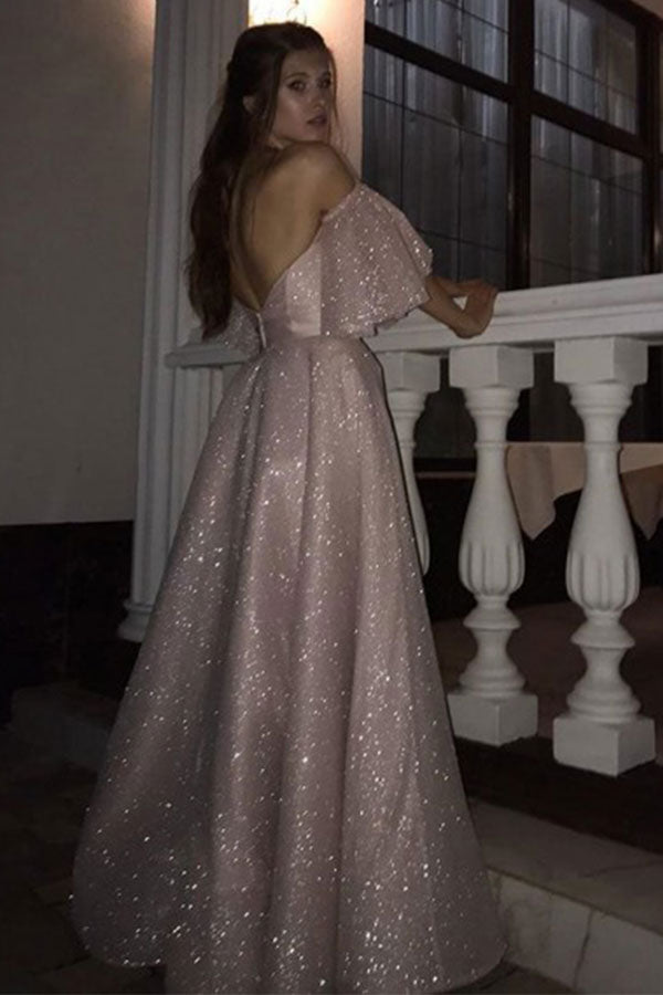 Sparkle Pearl Pink Sequined High Split A-line Prom Party Gowns with Bracelet-showprettydress