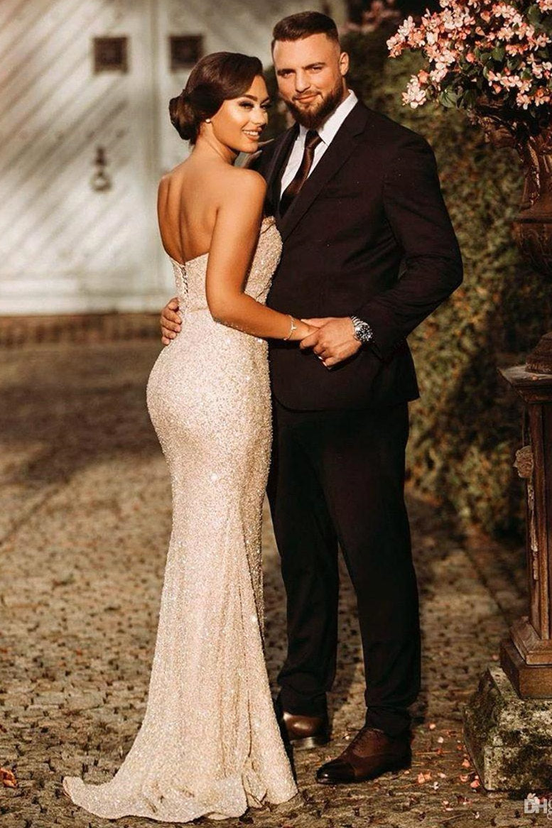 Sparkle Sequin Strapless Column High Split Long Prom Dresses-showprettydress