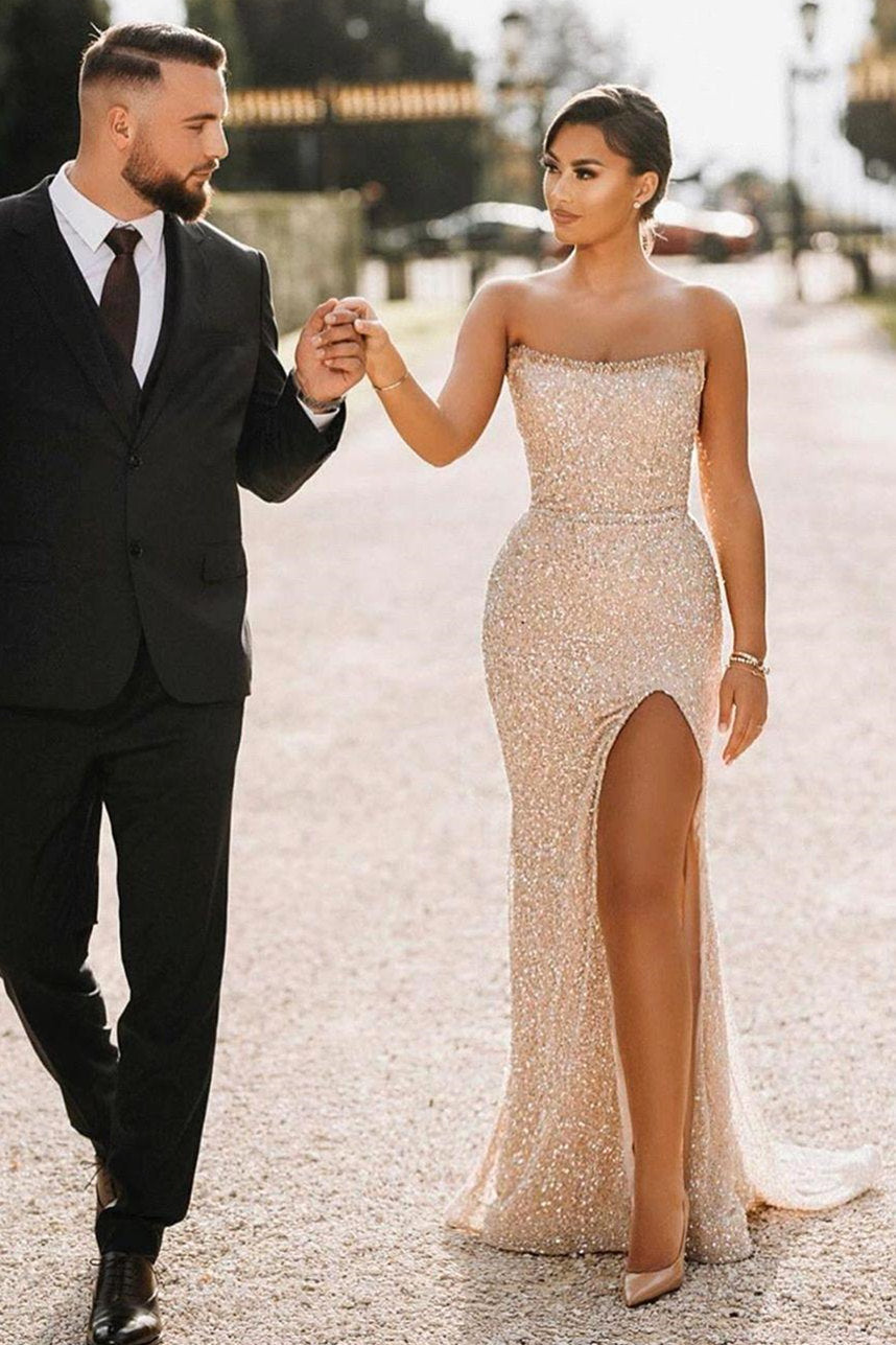 Sparkle Sequin Strapless Column High Split Long Prom Dresses-showprettydress