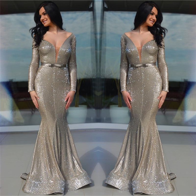 Sparkle Sequins Deep V-neck Prom Party Gowns| Charming Long Sleevess Sash Long Prom Party Gowns-showprettydress