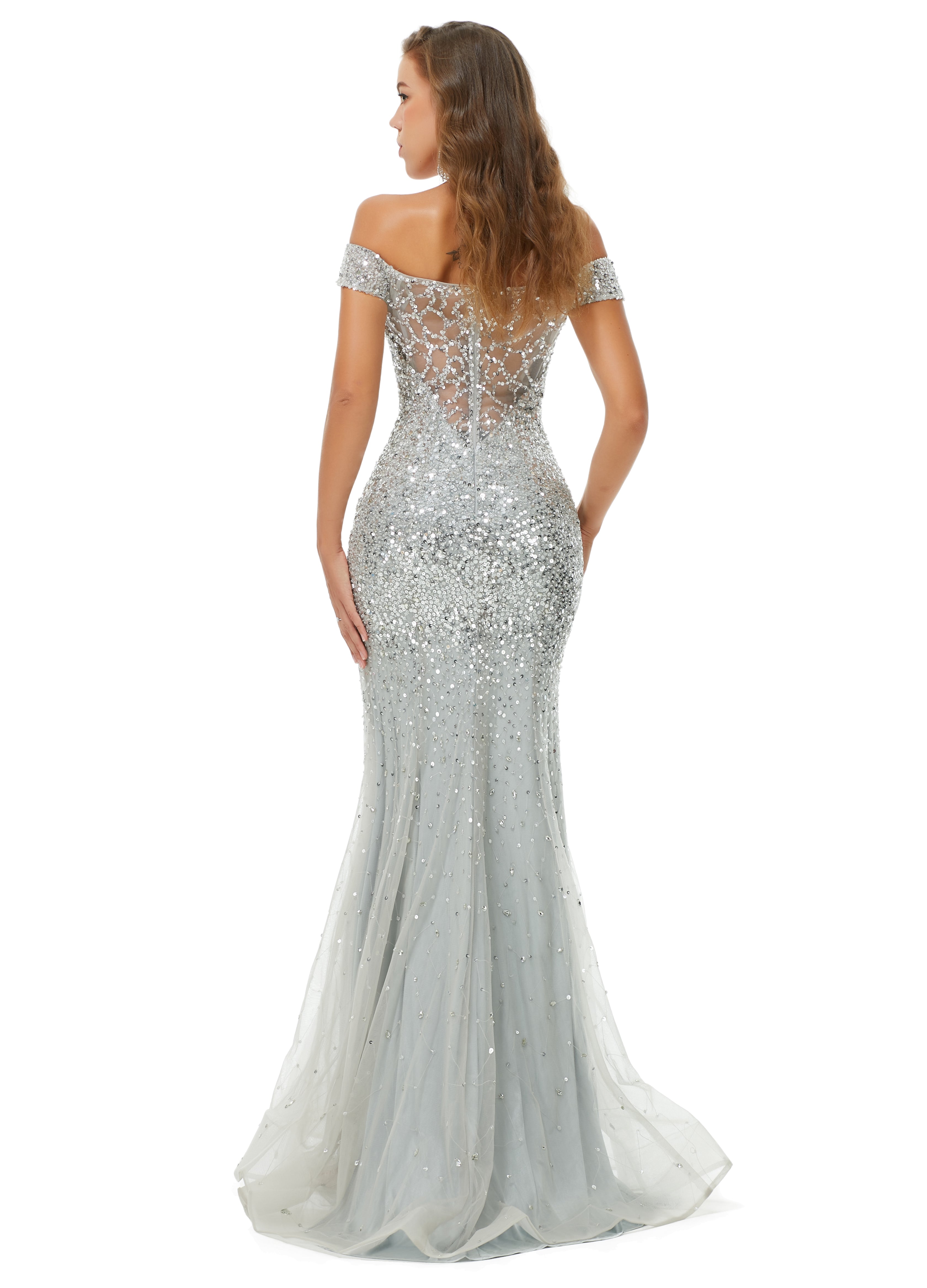 Sparkle Silver Long Mermaid Beaded Off-the-shoulder Prom Dresses with Cap Sleeves-showprettydress
