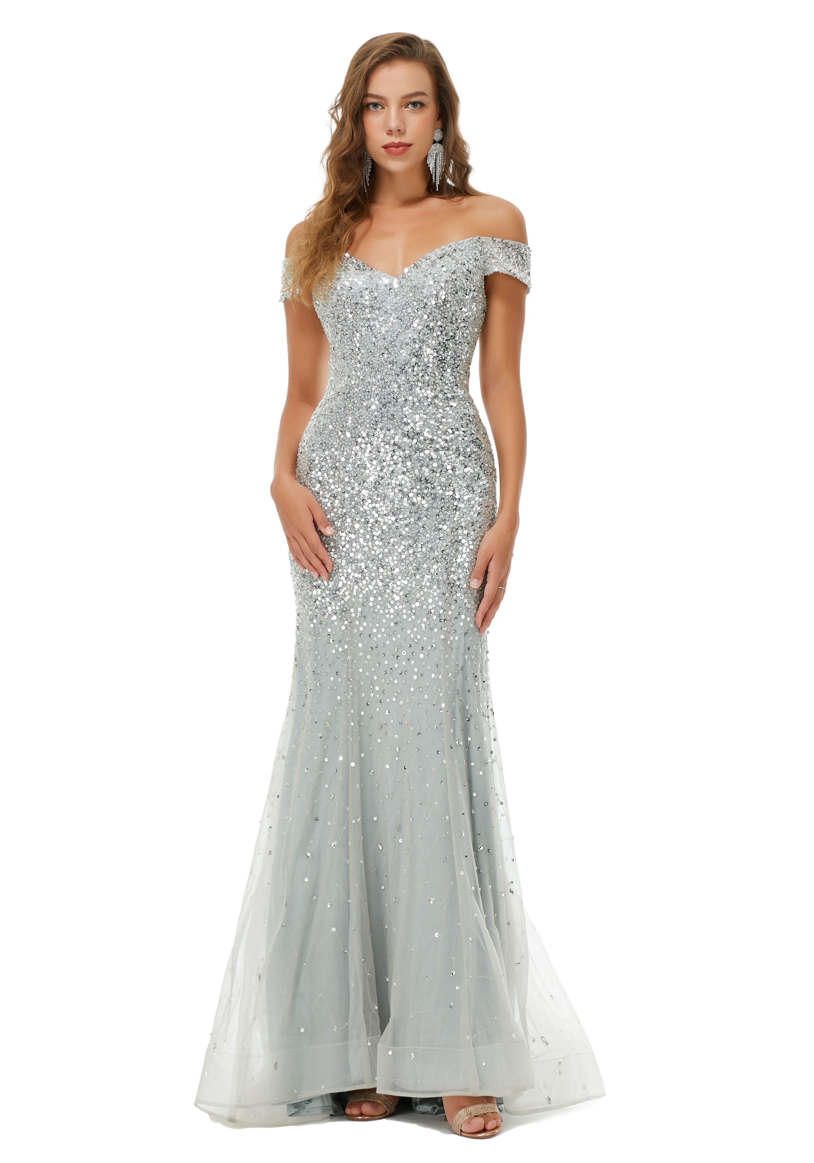 Sparkle Silver Long Mermaid Beaded Off-the-shoulder Prom Dresses with Cap Sleeves-showprettydress