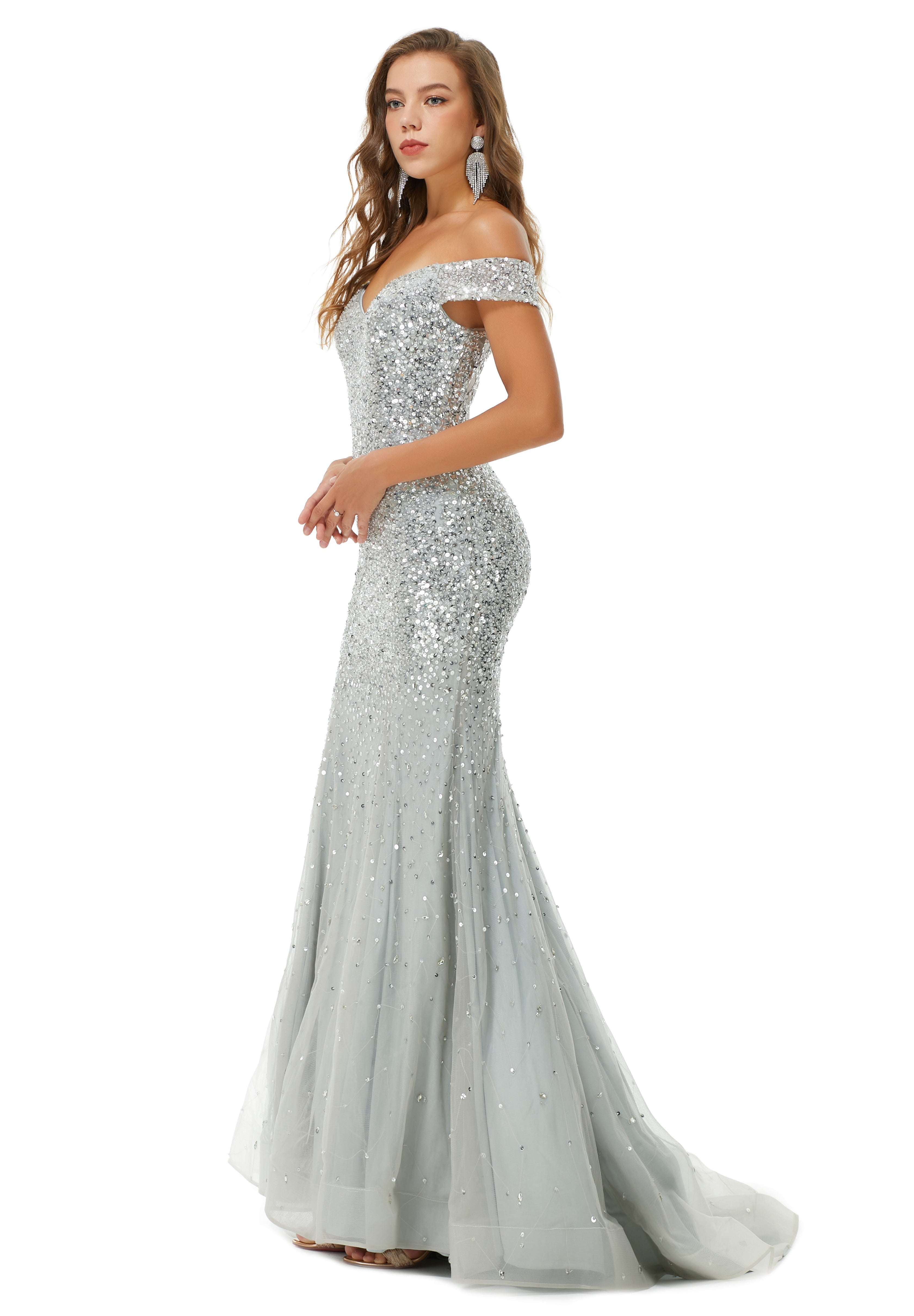 Sparkle Silver Long Mermaid Beaded Off-the-shoulder Prom Dresses with Cap Sleeves-showprettydress