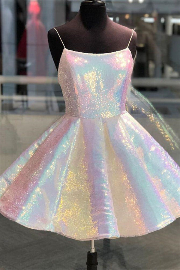 Sparkle Spaghetti Straps Sleeveless Homecoming Dress A Line Sequins Short Mini Cocktail Dress-showprettydress