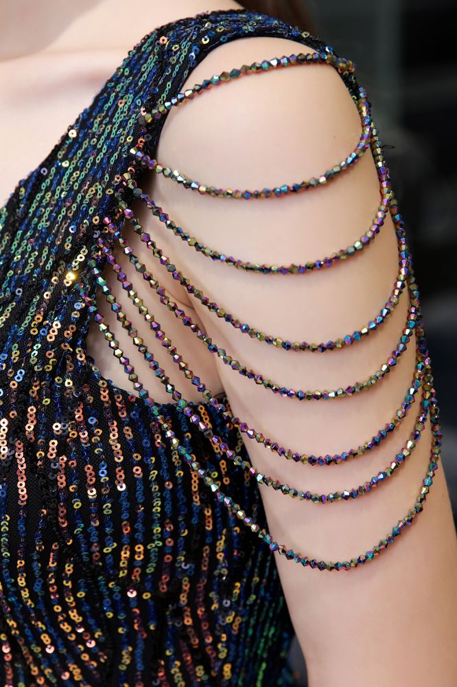 Sparkle V-neck High split Sleeveless Black Evening Dress On Sale-showprettydress