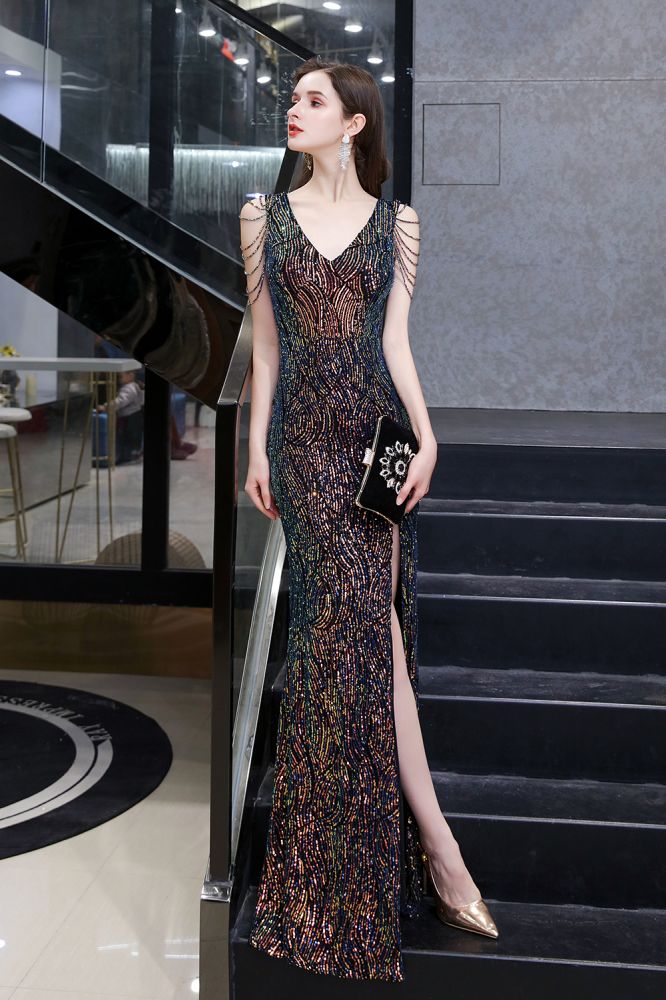Sparkle V-neck High split Sleeveless Black Evening Dress On Sale-showprettydress