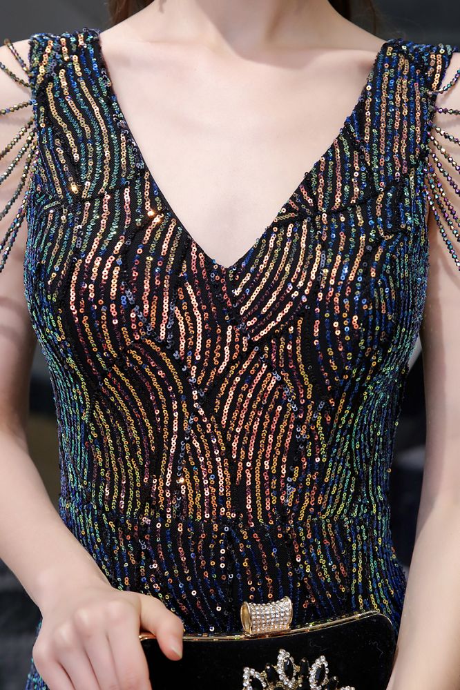 Sparkle V-neck High split Sleeveless Black Evening Dress On Sale-showprettydress