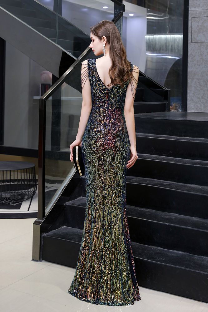 Sparkle V-neck High split Sleeveless Black Evening Dress On Sale-showprettydress