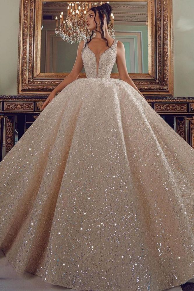 Sparkling Long Ball Gown V-neck Sequined Wedding Dresses with Embellishments-showprettydress