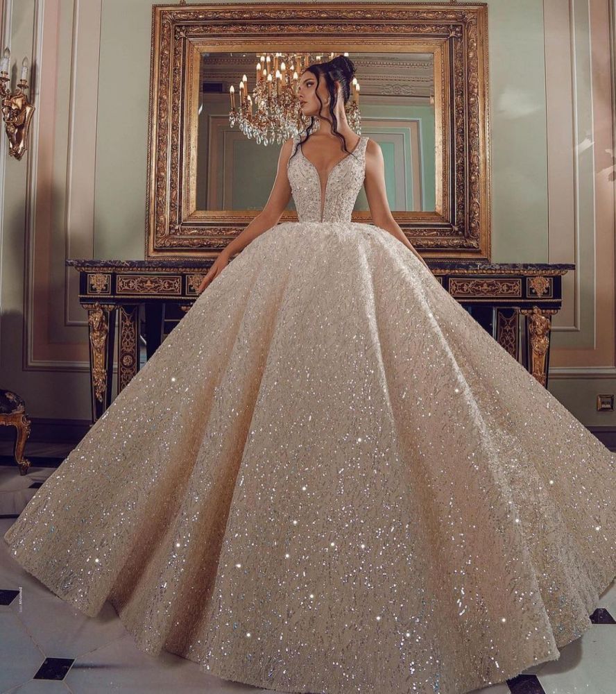 Sparkling Long Ball Gown V-neck Sequined Wedding Dresses with Embellishments-showprettydress