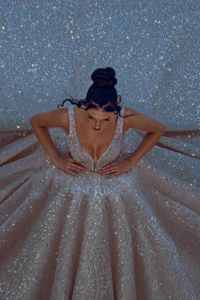 Sparkling Long Ball Gown V-neck Sequined Wedding Dresses with Embellishments-showprettydress