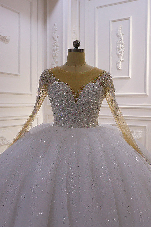Sparkly Jewel Sequined Long Sleevess Princess Wedding Dress-showprettydress