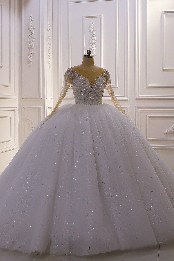 Sparkly Jewel Sequined Long Sleevess Princess Wedding Dress-showprettydress