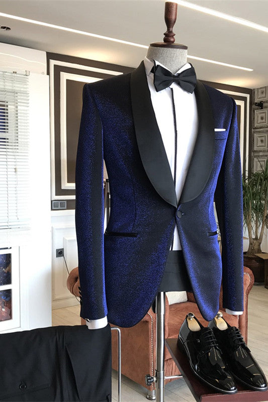 Sparkly Navy Blue Shawl Lapel Wedding Suits with Black Lapel Showprettydress