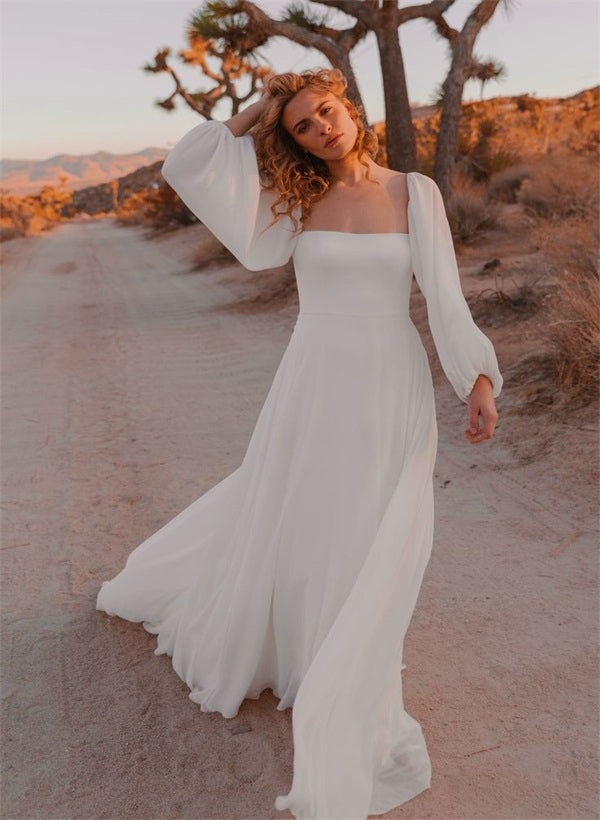 Square Neckline Chic A-line Wedding Dress Long Sleeves Chiffon Sweep Train-Showprettydress