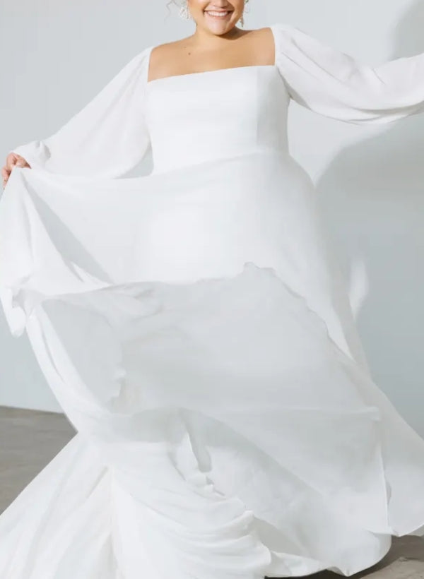 Square Neckline Chic A-line Wedding Dress Long Sleeves Chiffon Sweep Train-Showprettydress