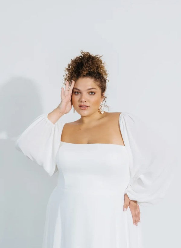 Square Neckline Chic A-line Wedding Dress Long Sleeves Chiffon Sweep Train-Showprettydress