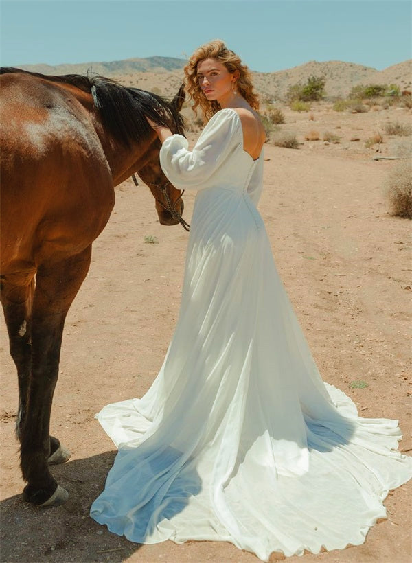 Square Neckline Chic A-line Wedding Dress Long Sleeves Chiffon Sweep Train-Showprettydress