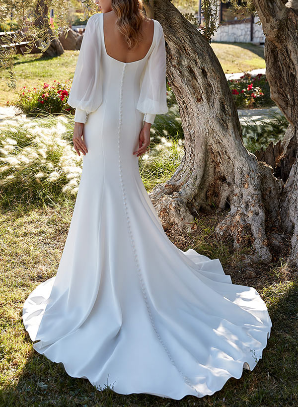 Square Neckline Long Sleeve Mermaid Fitted Wedding Dress Sweep Train-Showprettydress