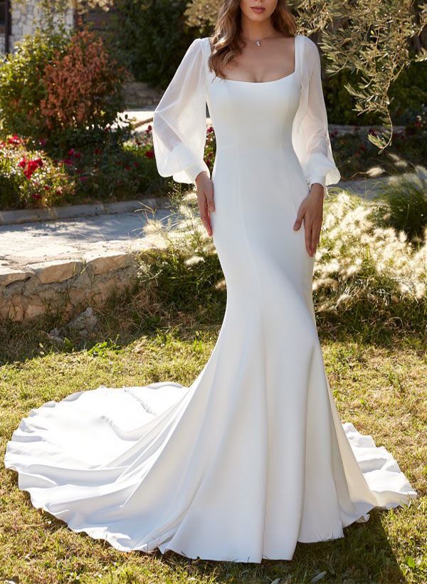 Square Neckline Long Sleeve Mermaid Fitted Wedding Dress Sweep Train-Showprettydress