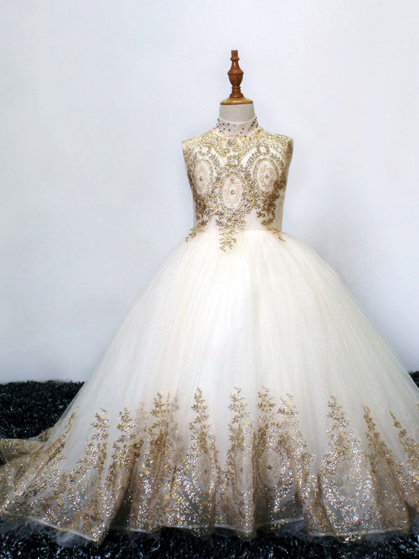 Stand Collar Sleeveless Applique Kids Princess Dresses