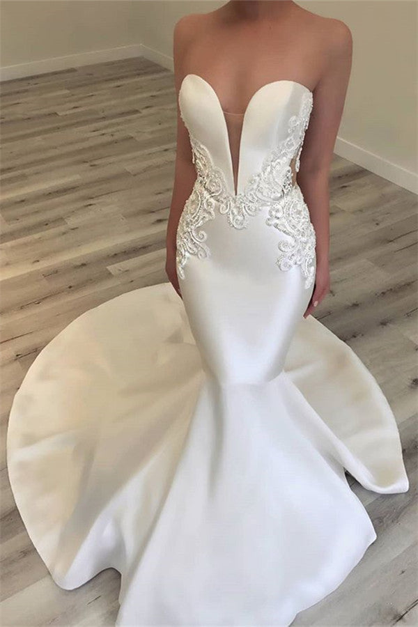 Strapless Appliques Wedding Dresses Classic Mermaid Open Back Dresses for Weddings-showprettydress
