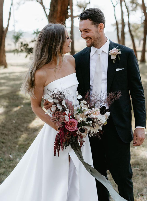 Strapless Chic A-line Satin Wedding Dress Sweep Train-Showprettydress