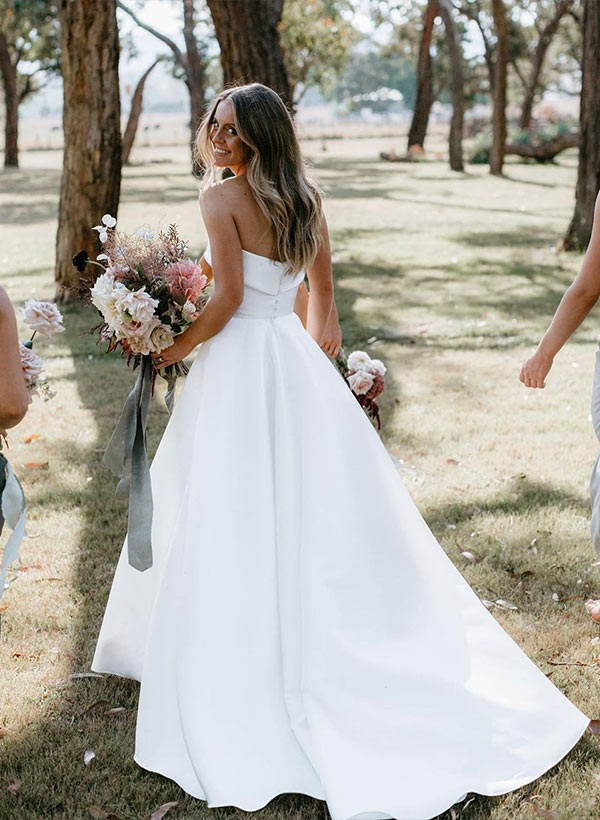 Strapless Chic A-line Satin Wedding Dress Sweep Train-Showprettydress