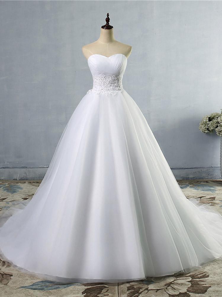 Strapless Lace Appliques Ball Gown Wedding Dresses Sleeveless Bridal Gowns with Sweep Train-showprettydress