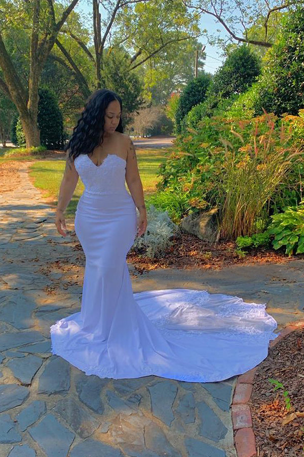 Strapless Sweetheart Lace Appliques Court Train Mermaid Prom Gowns-showprettydress