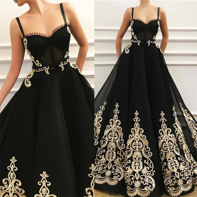 Straps Sweetheart Black Tulle Prom Party Gowns| Charming Sleeveless Champagne Appliques Long Prom Party Gowns-showprettydress