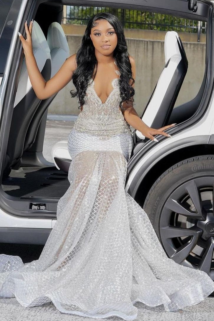 Straps V-neck Silver Beaded Mermaid Sparkle Prom Dresses-showprettydress