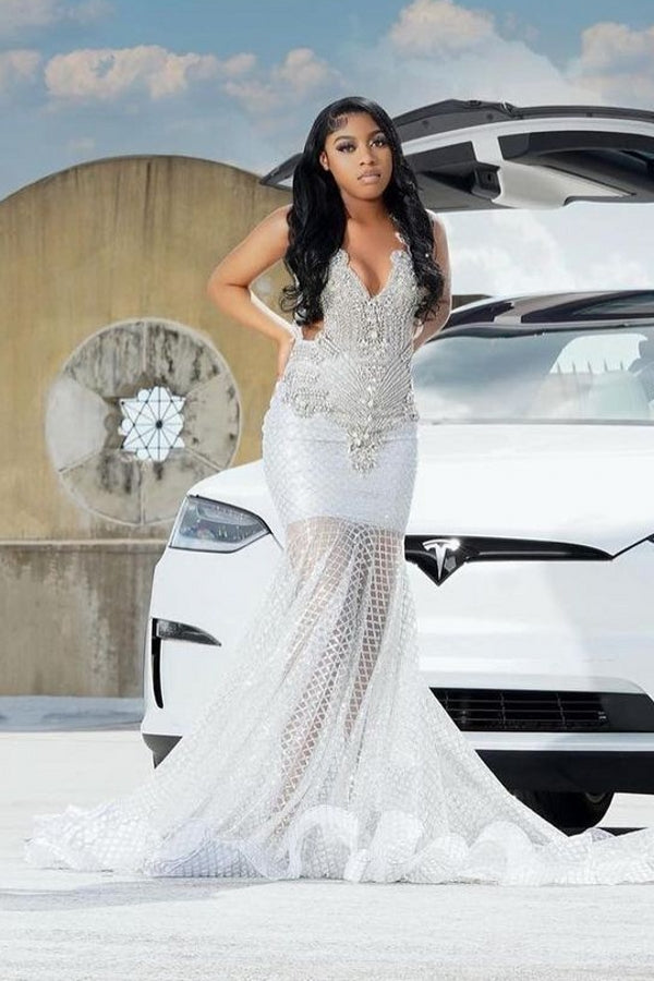 Straps V-neck Silver Beaded Mermaid Sparkle Prom Dresses-showprettydress