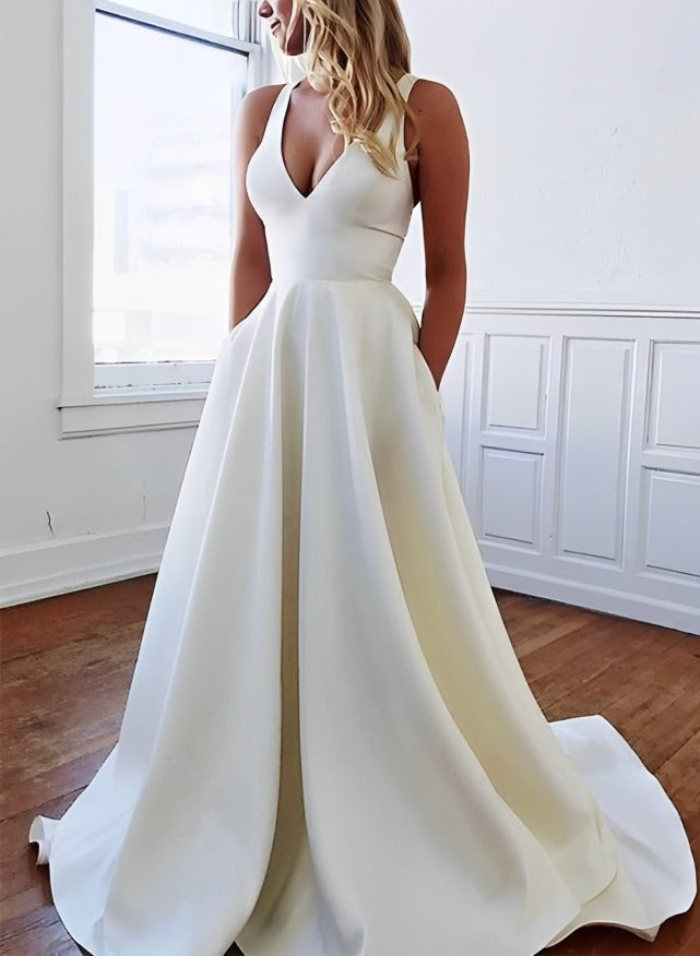 Stretch Crepe Sleeveless V-neck Wedding Dress Chic A-line Silhouette Ruffles Sweep Train-Showprettydress