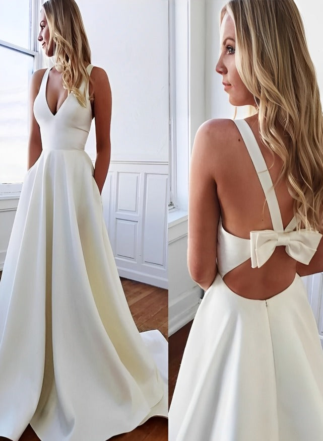Stretch Crepe Sleeveless V-neck Wedding Dress Chic A-line Silhouette Ruffles Sweep Train-Showprettydress