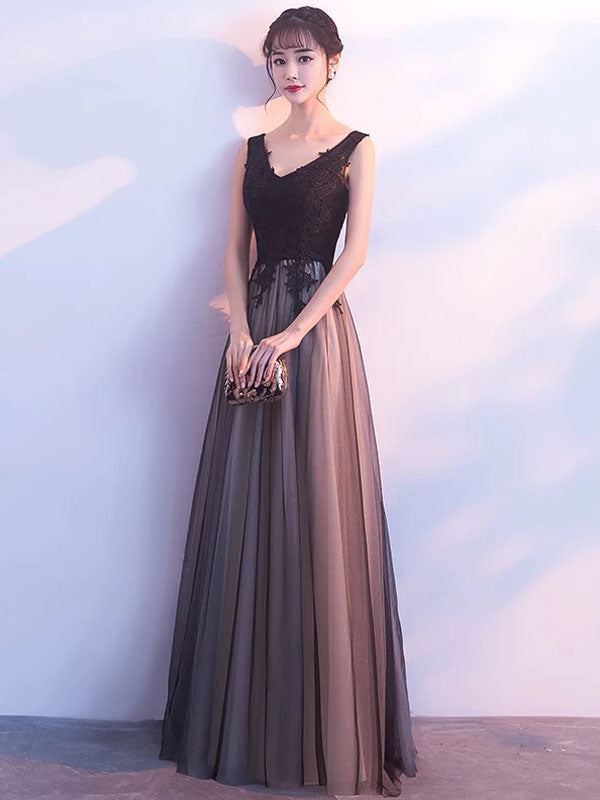 Stunning Black Evening Dresses Long V Neck Lace Tulle Sleeveless A Lien Floor Length Formal Evening Dress-showprettydress