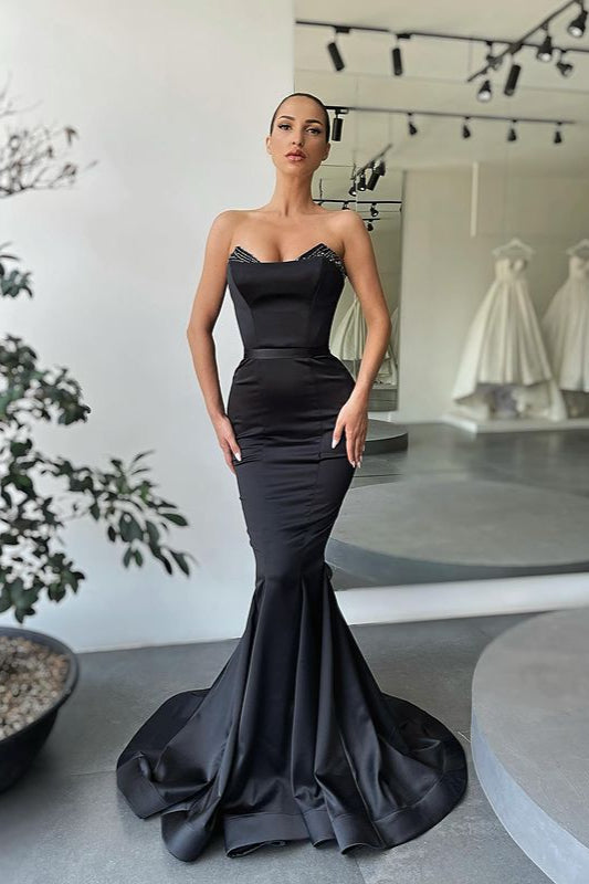 Stunning Black Long Mermaid Sweetheart Satin Beadings Evening Gowns-showprettydress