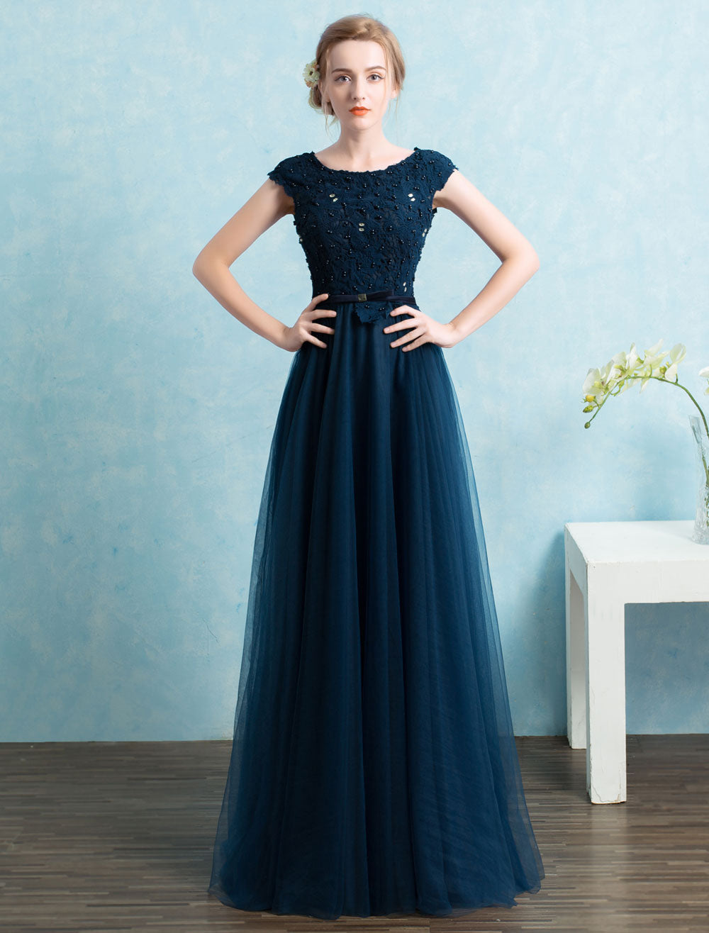 Stunning Blue evening dress Long Tulle Beading Evening Dresses Dark Navy Backless Floor Length Party Dresses wedding guest dress-showprettydress
