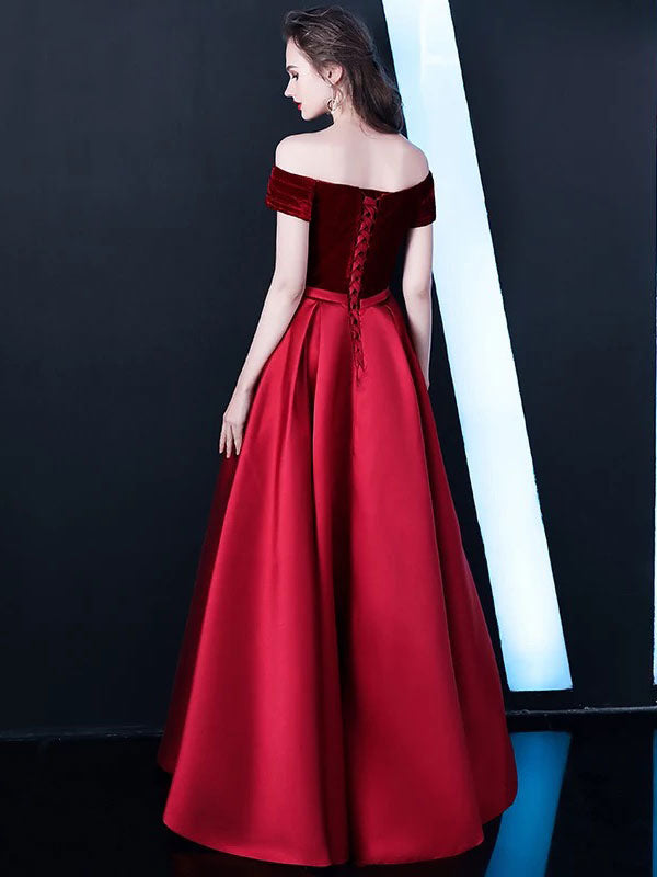 Stunning Burgundy Evening Dresses Off The Shoulder Velvet Satin Formal Dress Notched Neck Floor Length Evening Gowns-showprettydress